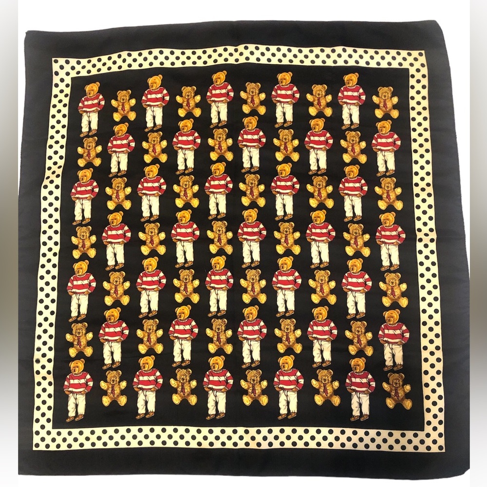 Vintage Square Teddy Bear Scarf, Red, White, Black, Yellow. 23”, Polyester